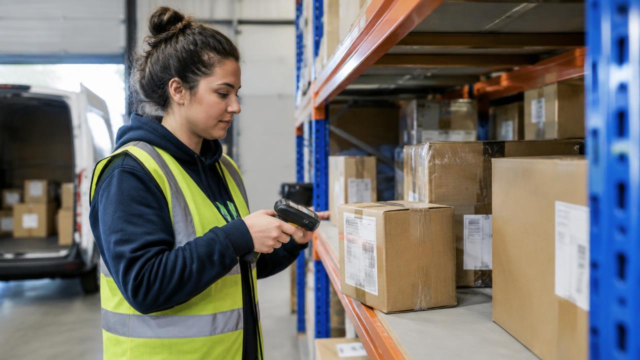 Warehouse worker scanning packages for delivery