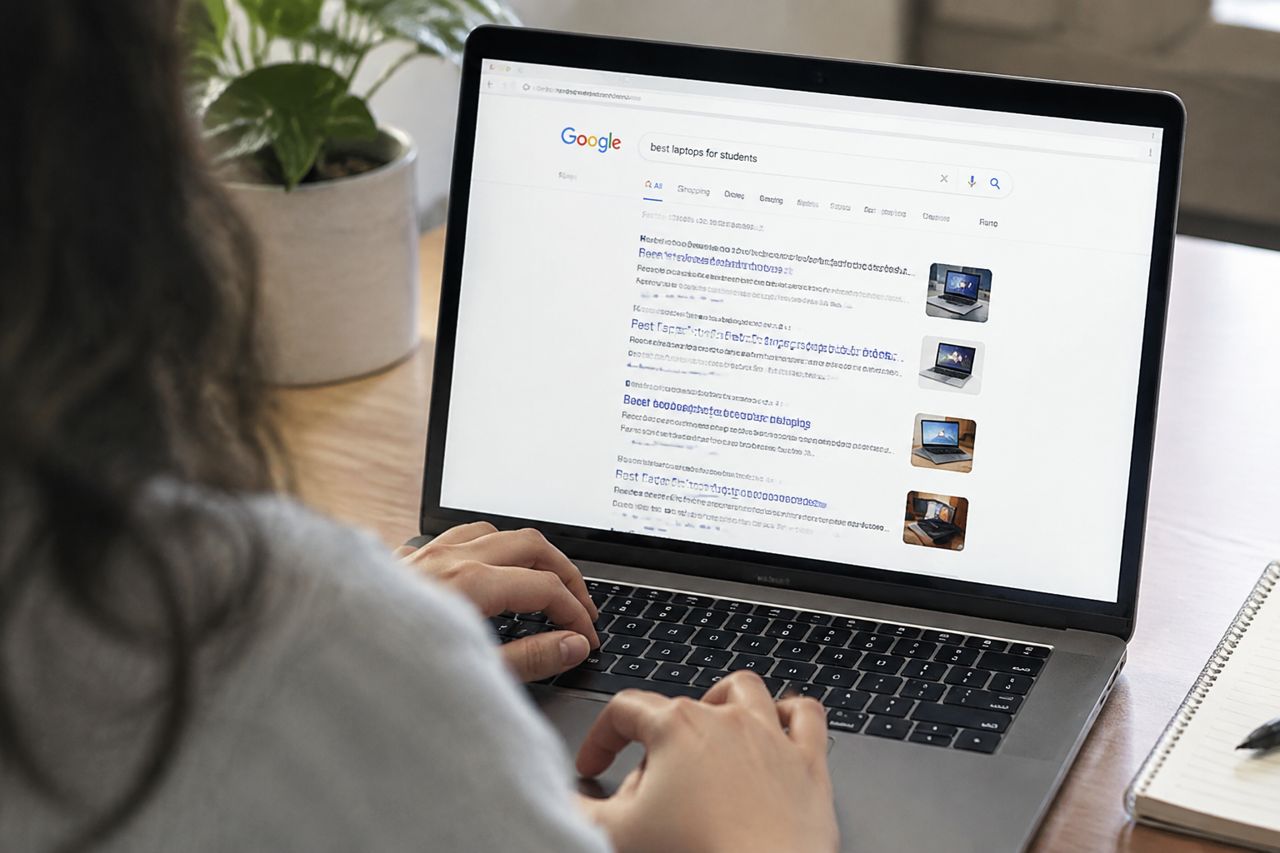 Search results on a laptop screen