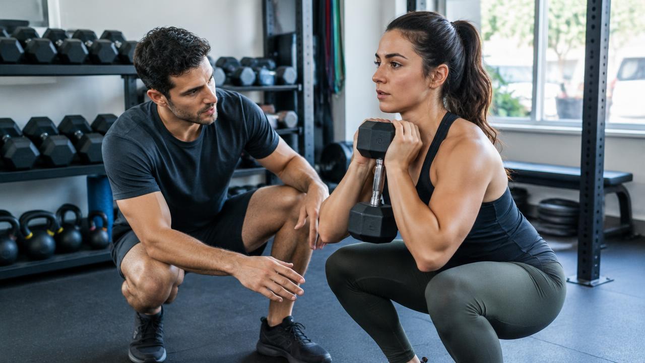 Personal trainer coaching a client in a gym
