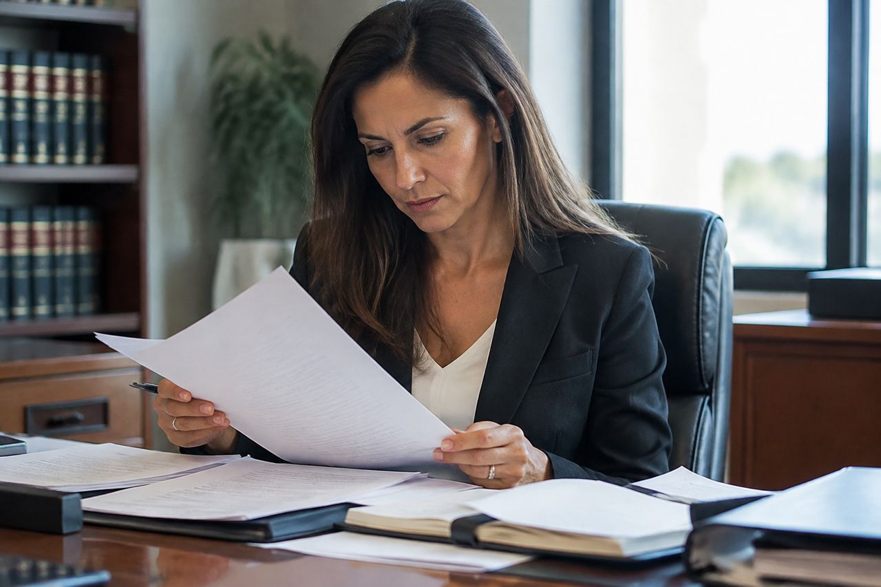 Lawyer reviewing contracts at a desk