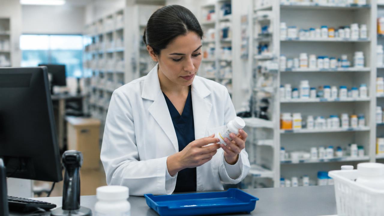 Pharmacist checking medication behind the counter
