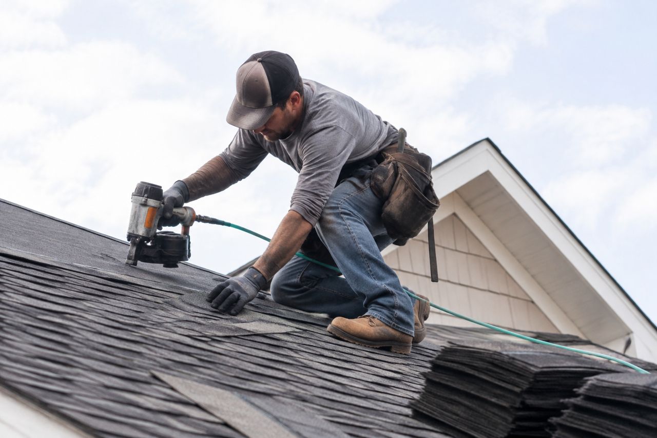 Roofer installing shingles on a house