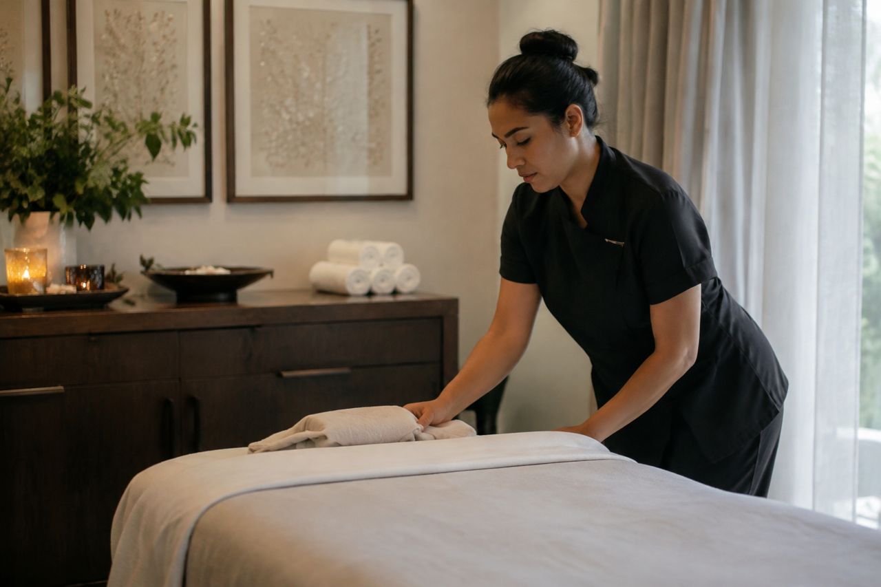 Spa therapist preparing a room
