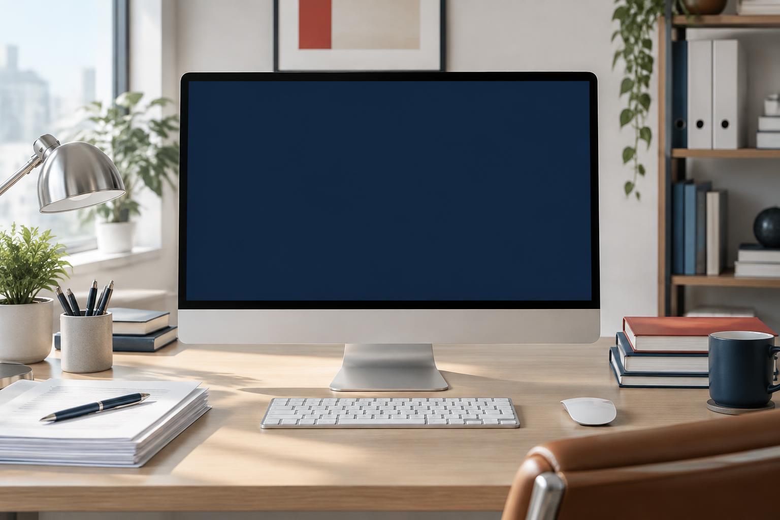 Business verification workspace with a live trust report displayed on the monitor