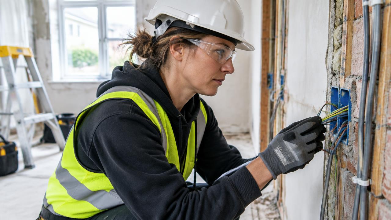Electrician inspecting wiring during a renovation