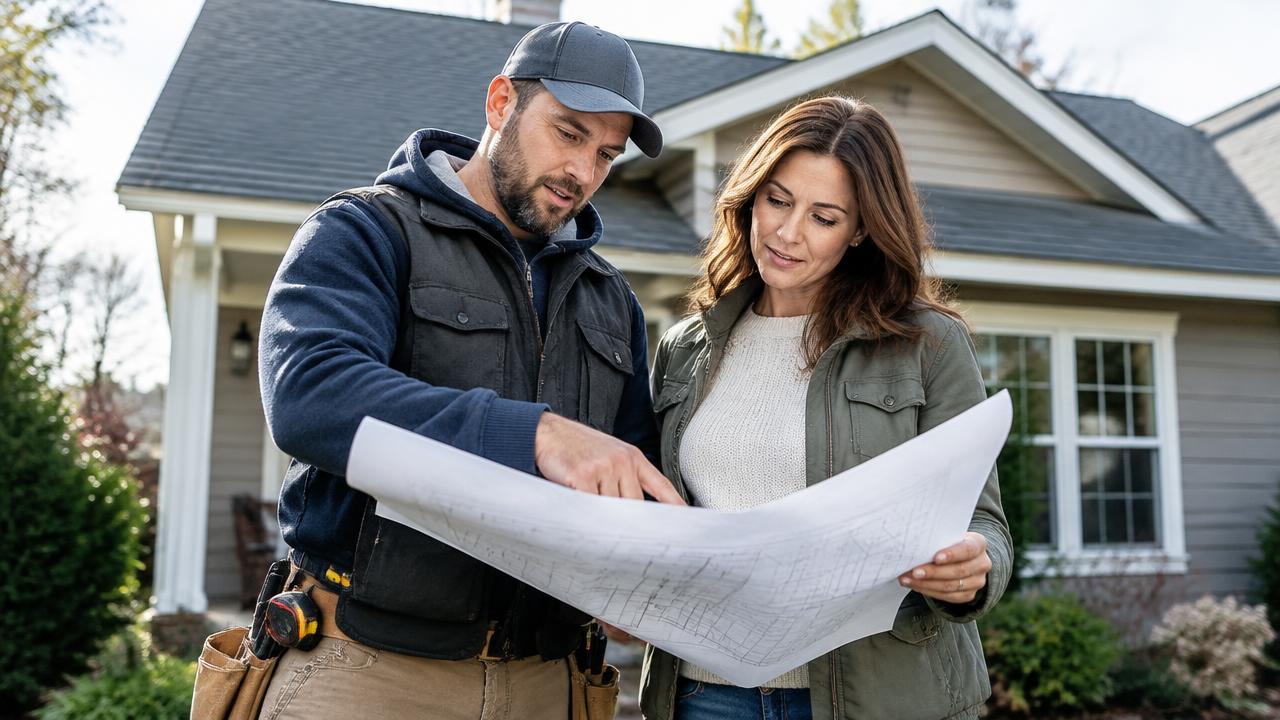 Home improvement professional reviewing plans with a homeowner