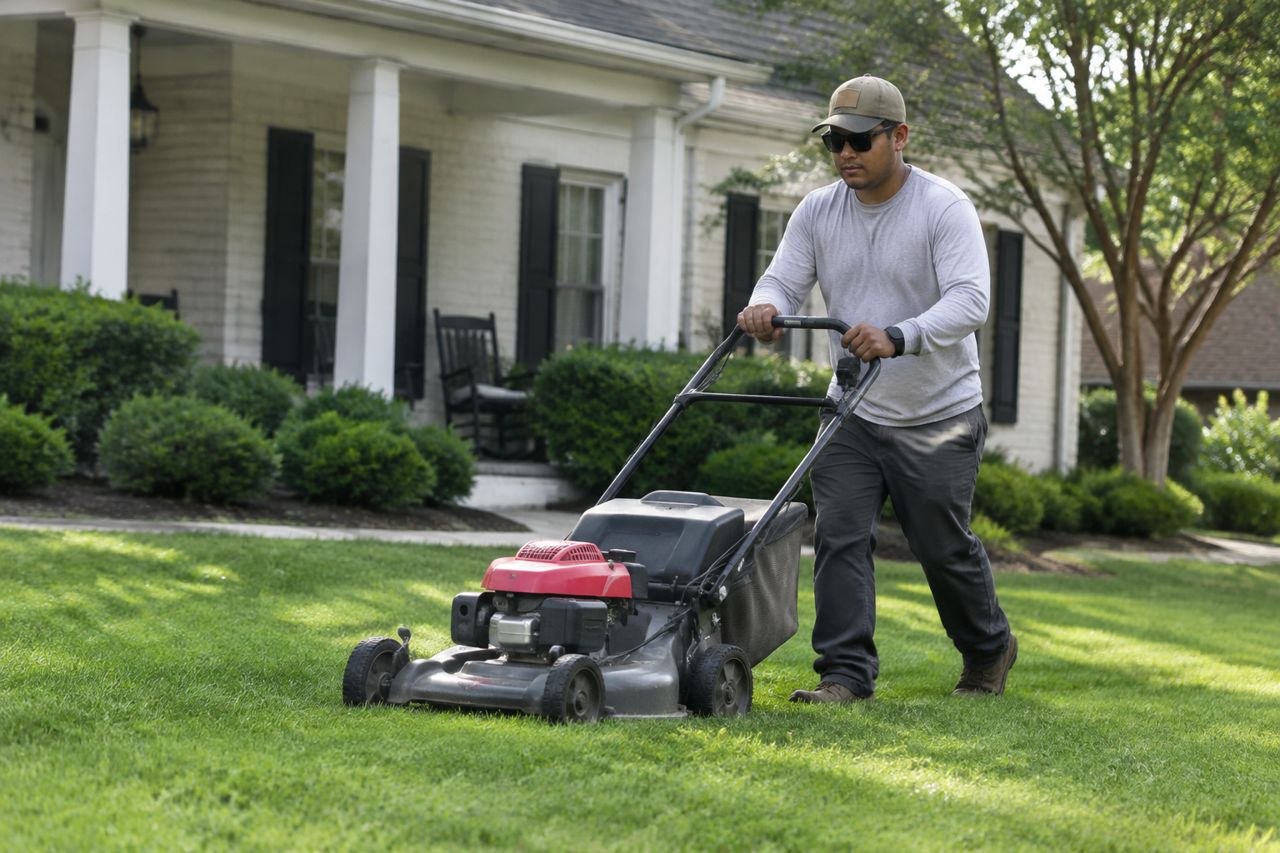 Lawn care worker mowing