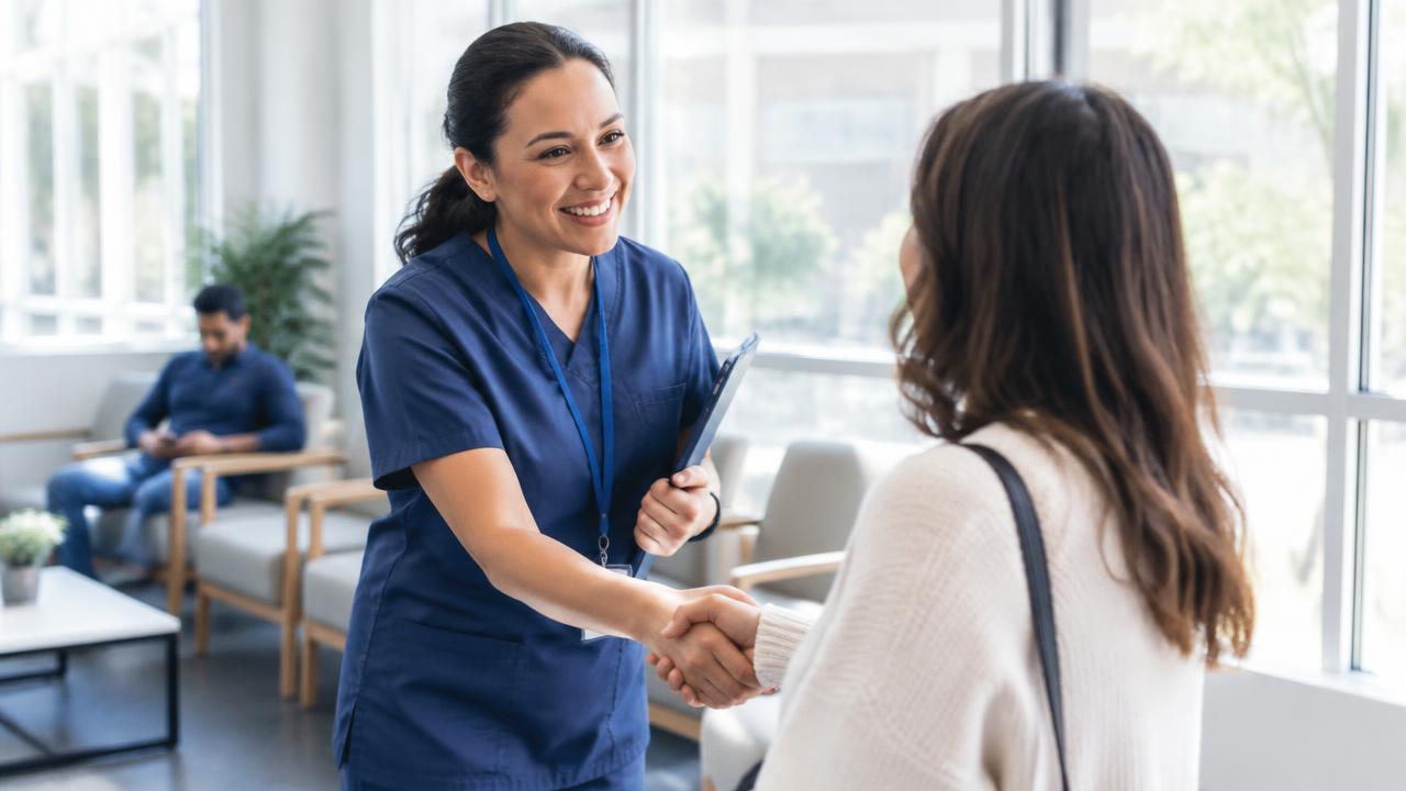 Healthcare staff member welcoming a patient
