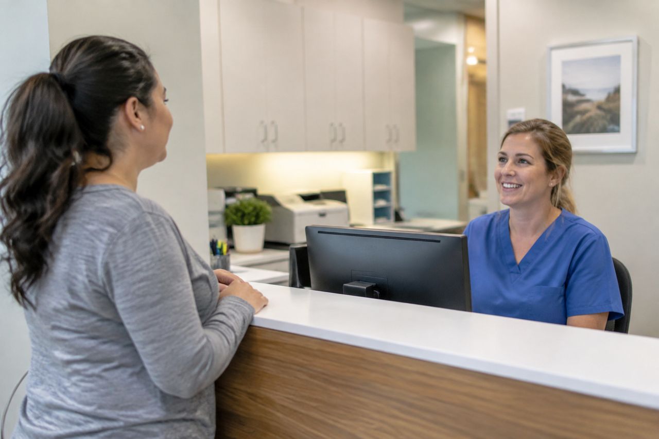 Clinic reception desk with patient