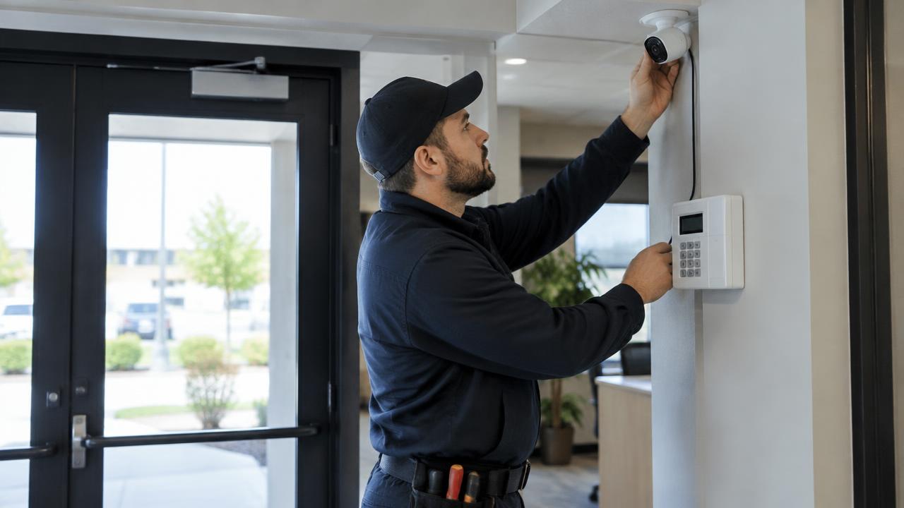 Technician installing a security camera in an office