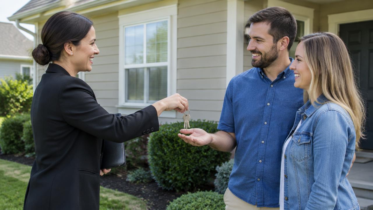 Real estate agent handing keys to new homeowners
