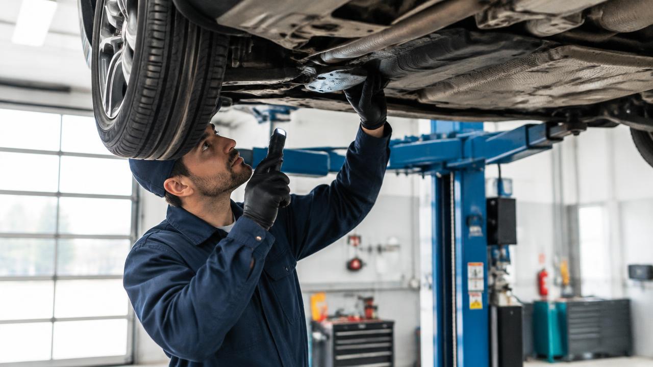 Mechanic inspecting a vehicle on a lift