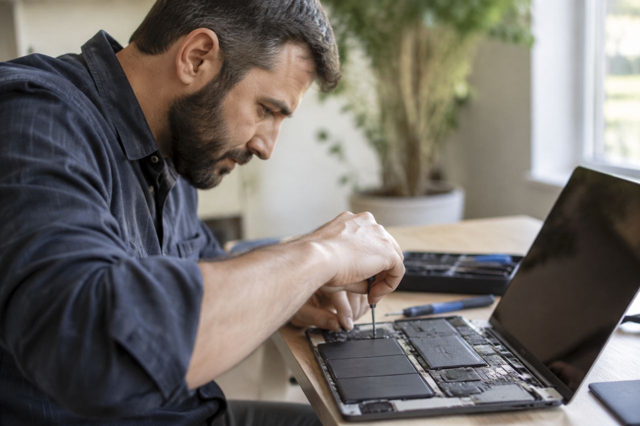IT technician fixing a laptop