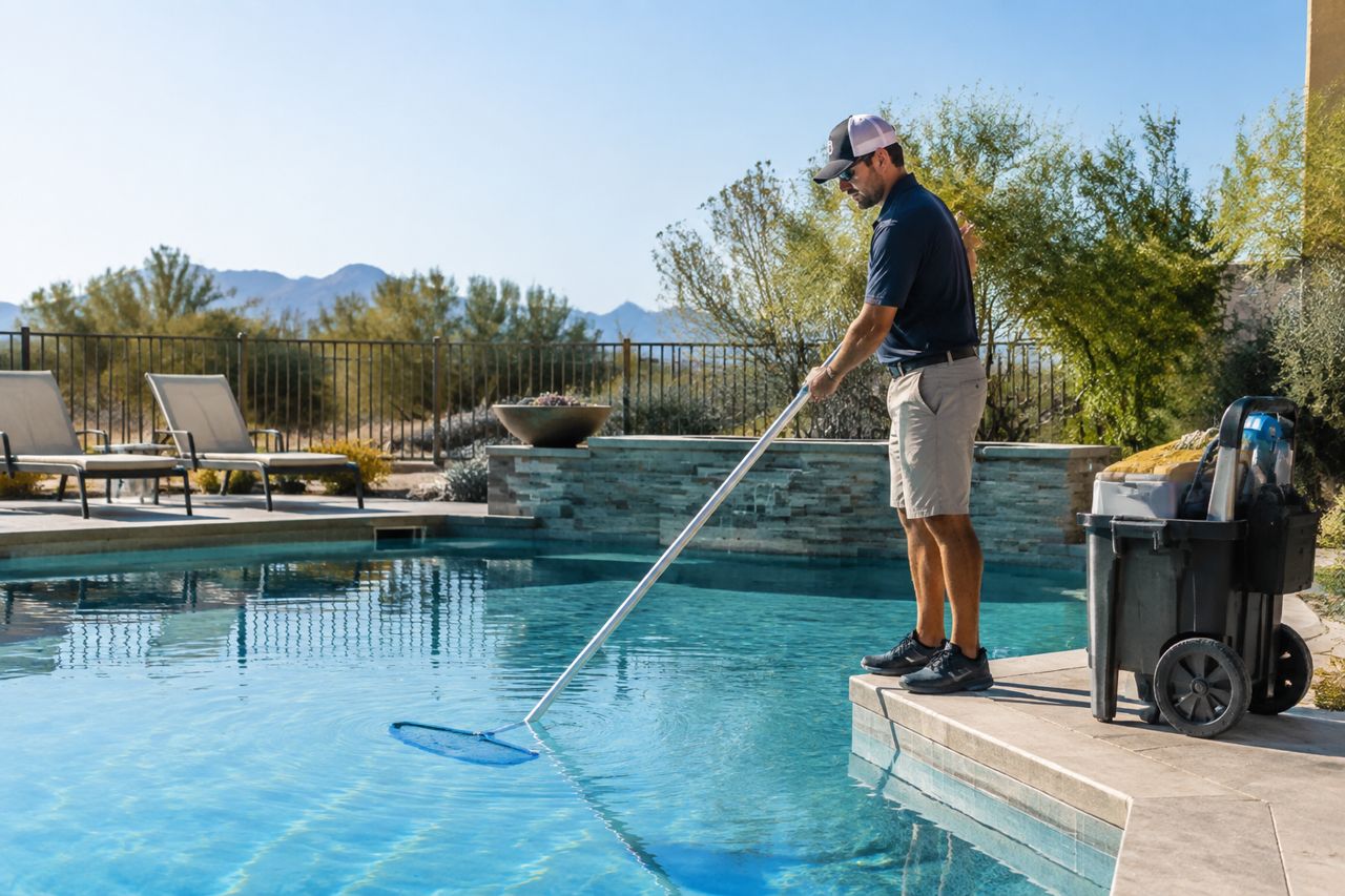 Pool service pro cleaning a backyard pool