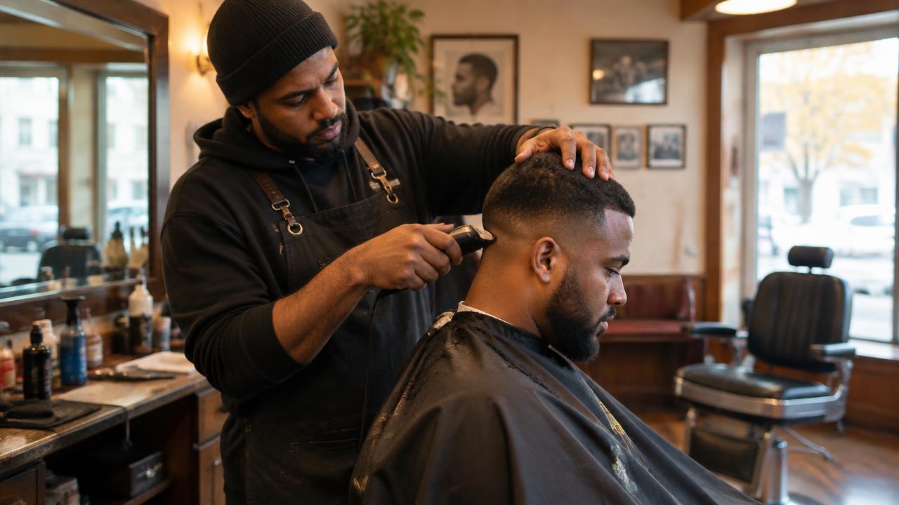 Barber cutting a client's hair in a barbershop