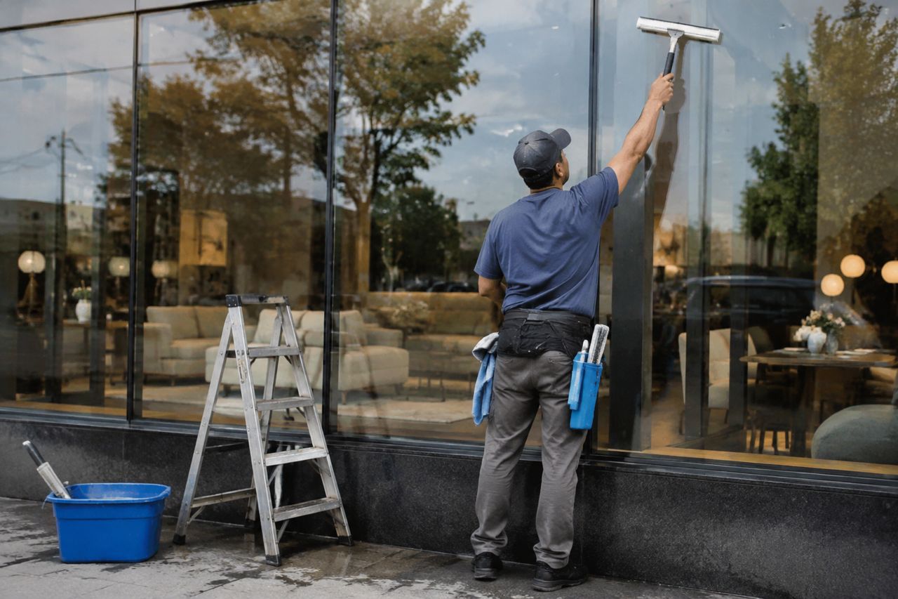 Window washer on a storefront