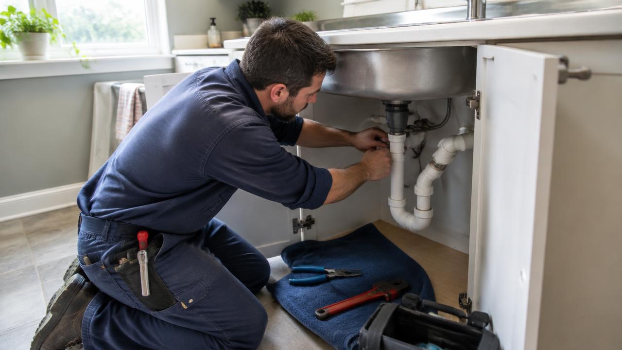 Plumber repairing pipes under a kitchen sink