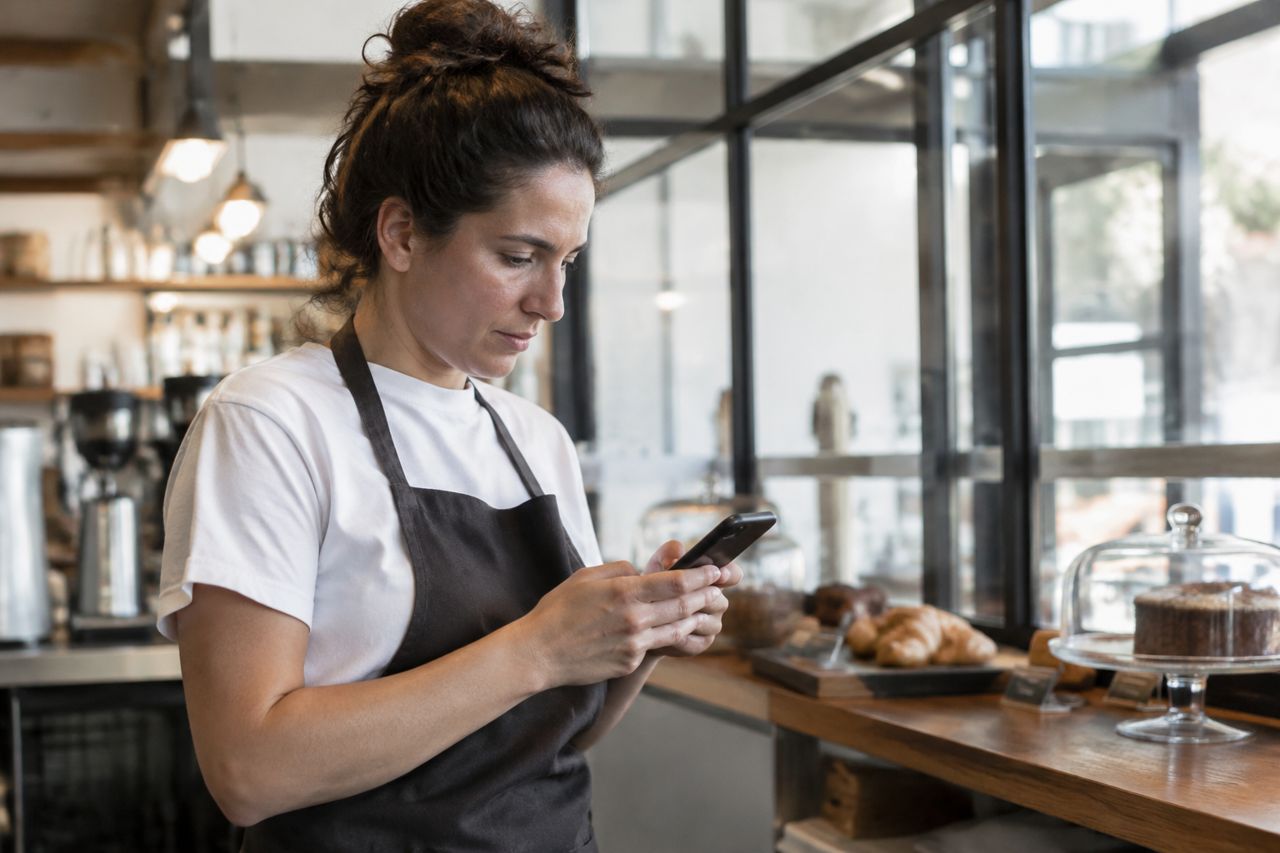 Owner reading online reviews on a phone