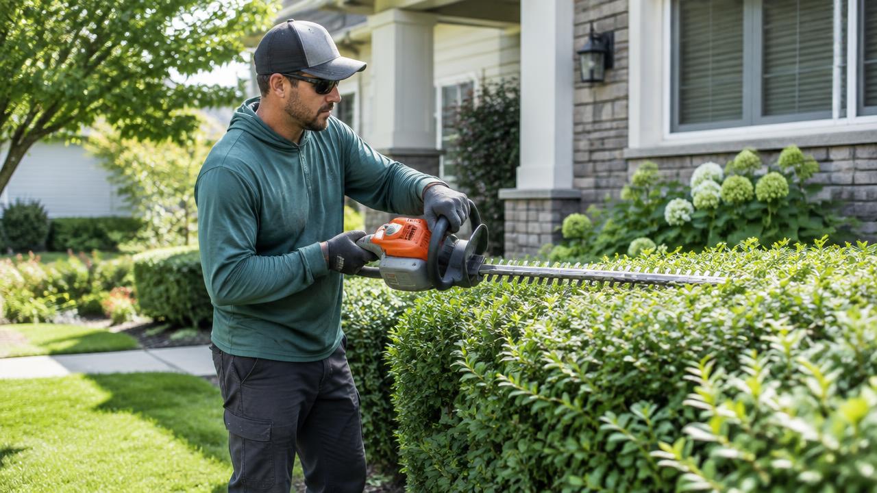 Landscaper trimming hedges at a home