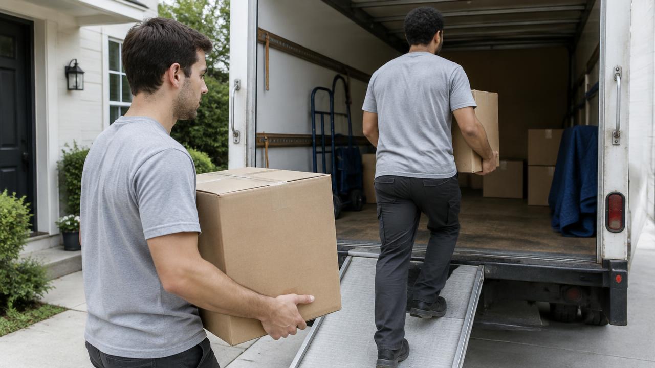 Movers loading boxes into a moving truck