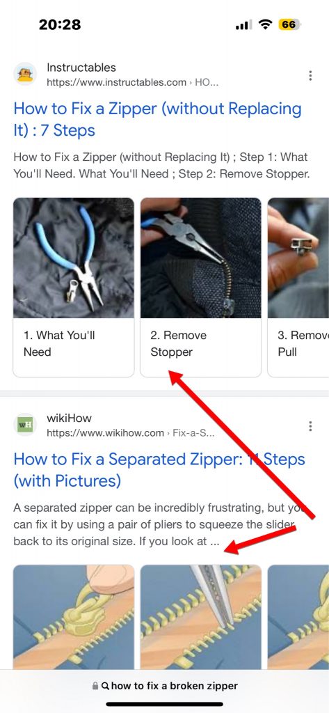 Screenshot of HowTo rich snippets on mobile.