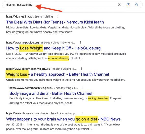 Screenshot of intitle Google search for "dieting"