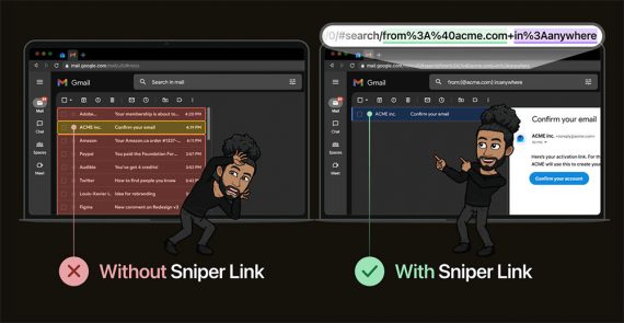 Screenshot of image from the sniper link guide showing inbox with and without sniper links.